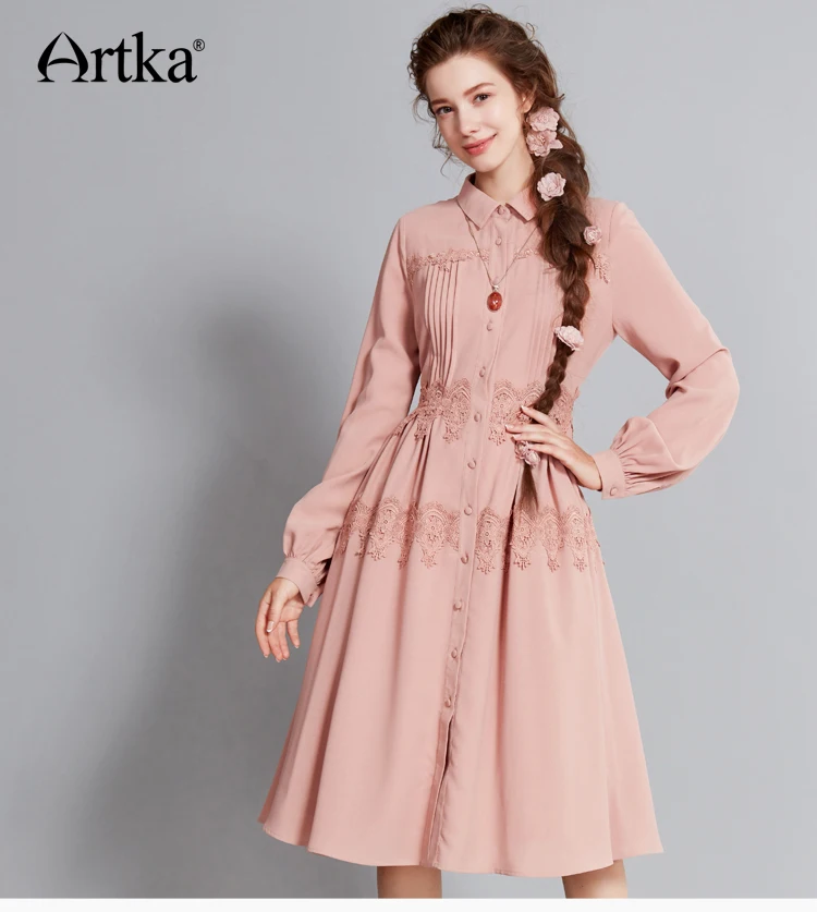 ARTKA осенне-зимнее винтажное элегантное платье-рубашка с рукавами-фонариками и кружевным воротником с аппликацией LA10771Q