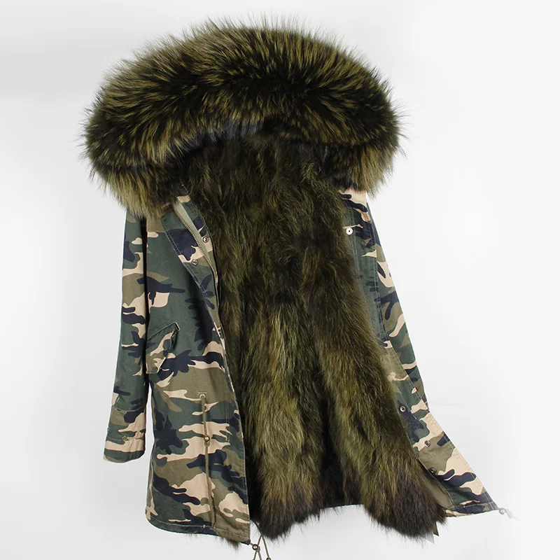 camo green Женское зимнее длинное пальто из натурального меха енота с капюшоном, Свободные повседневные парки с натуральным мехом, теплая хлопковая куртка Mujer - Цвет: camo green