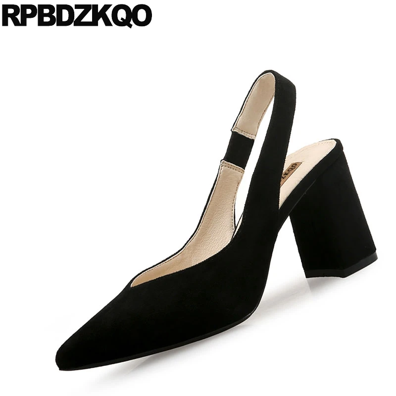Высокие каблуки Короткая Slingback мода Работа насосы Размер 4 34 Синяя женская обувь офис элегантный замша черный Указательный палец 33 китайская новая Лето Китай