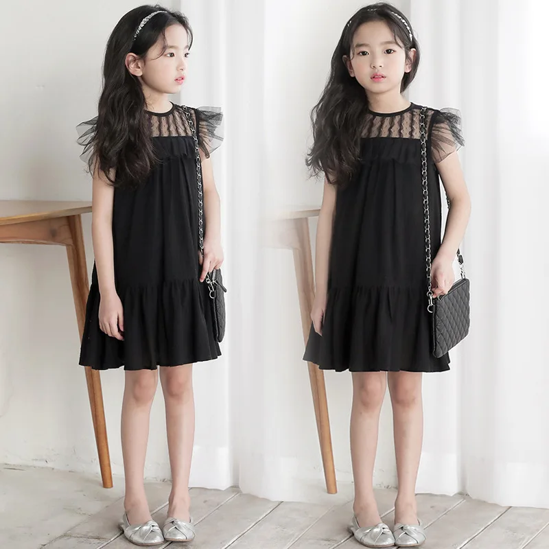 2019 new summer sleeveless black dress age for 4-16 yrs teenage girls princess costume big spring lace ruffle party frocks | Детская