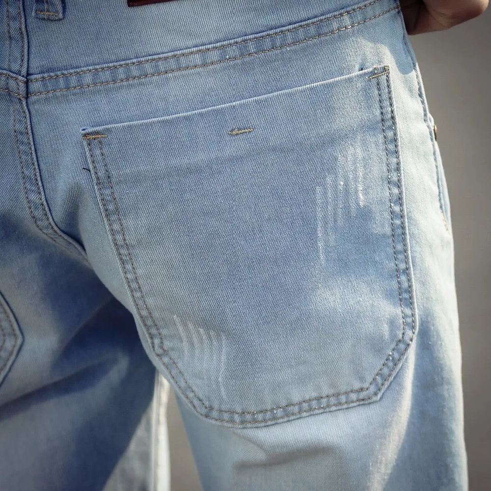 Мужские хлопковые шорты светло синие джинсы до колена с дырками повседневные