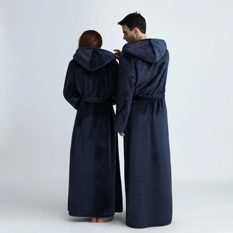Women Men Winter Flannel Robe hooded Extra Long Warm Bathrobe Luxury Thick Bath Robes Plus Size Soft Thermal Dressing Gown | Женская