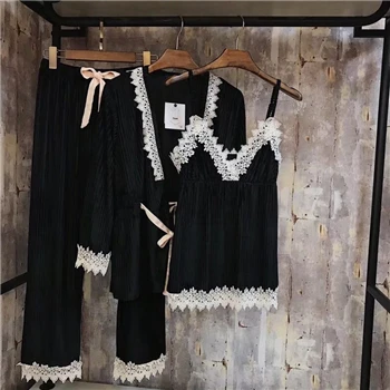 black Женские пижамы, зимняя модная одежда для сна, Пижамный костюм со штанами, осенняя одежда для сна, костюм из 3 предметов, женские пижамы для женщин - Цвет: black