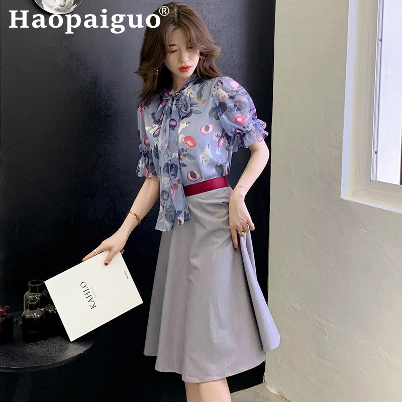 

Plus Size 2019 Summer Korean OL Office Work Two Piece Set Print Floral Chiffon Blouse and Wrap Pleated Midi Skirt 2 Piece Set