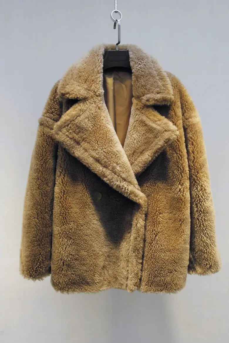 SHORT KHAKI Тедди Стиль Негабаритных Настоящее Шуба из Ягненка Мех Женщин Зима Натуральная Натуральная Шерсть Овечий Мех Длинные Пальто Куртка - Цвет: SHORT KHAKI