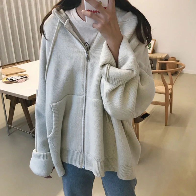 2019 Chic new fashion women's sweater Korean version of the hooded lace knit zipper solid color for women thick warm |