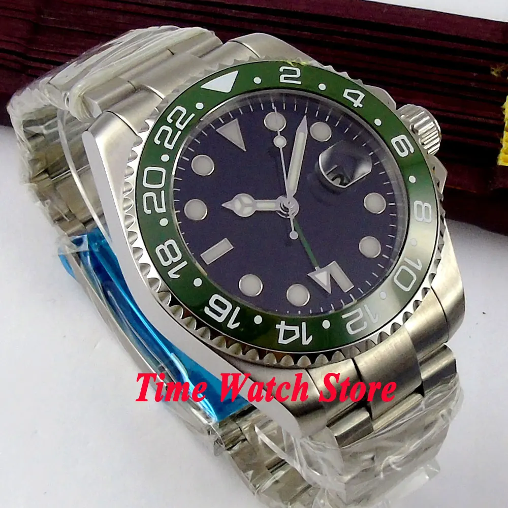 Мужские часы Bliger 43 мм черный стерильный циферблат зеленая керамическая рамка