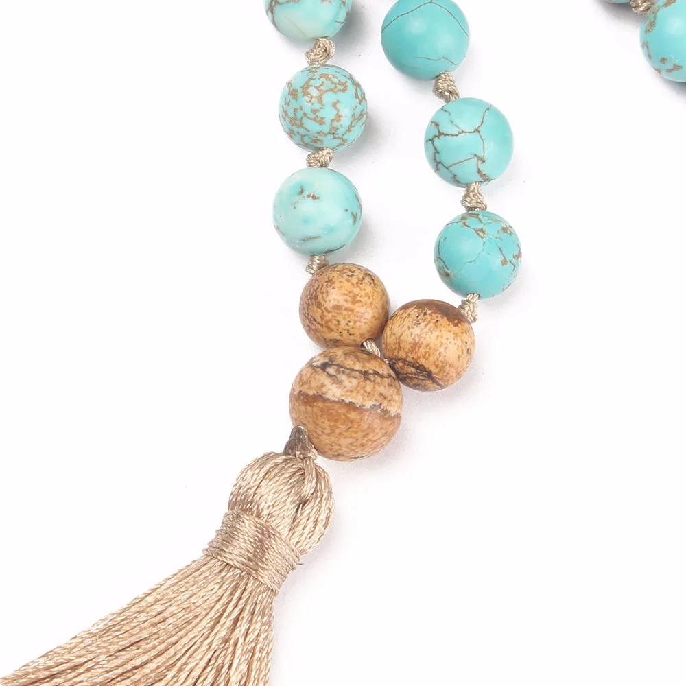 New Design 8mm Picture Stone and Blue-green Pine Beads Hand Knotted 108 Mala Long Necklace Women Tassel Dropship | Украшения и