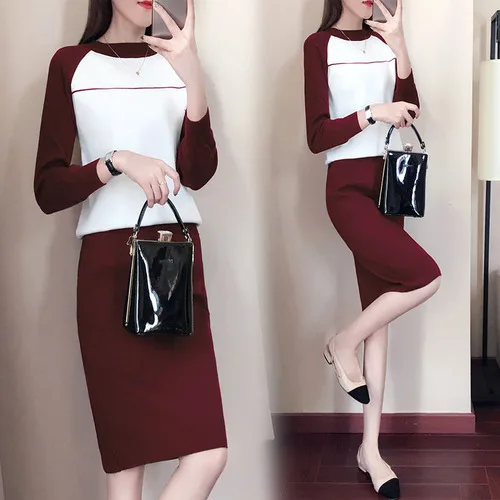 Осенний Вязаный топ и юбка длинные свитера Женский комплект 2 шт. спортивный