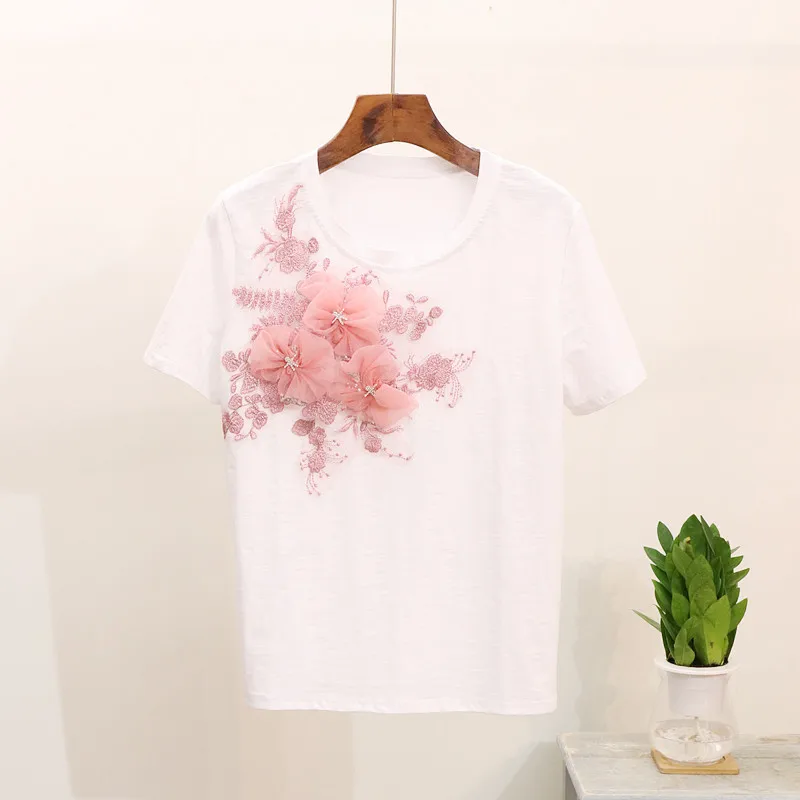 Amolapha Women 3D Appliques T-shirts Pullovers Summer Female Woman Floral Embroidery Tshirt Tops | Женская одежда