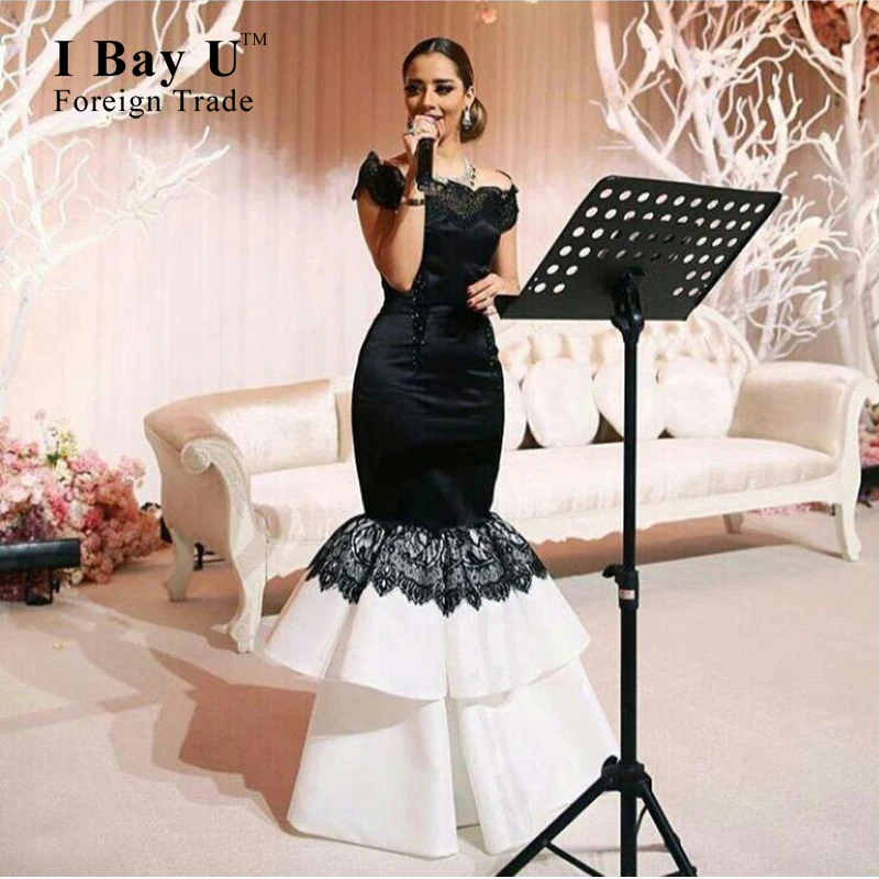 I Bay U Off Shoulder Puffy Mermaid Gowns Satin Drill Lace Bottom White Black Evening Dresses Black Lace Mermaid Prom Dress