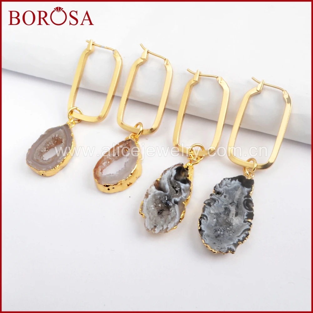 BOROSA 5 пар золотого цвета натуральный кулон агат Друза срез прямоугольной глины