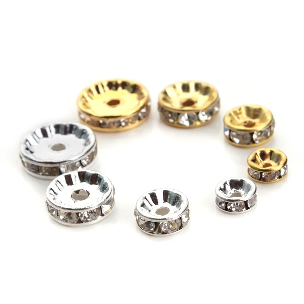 

50pcs/lot Gold Plated Silver Color Loose Rhinestone Crystal Beads 6 8 10 12mm Rondelle Spacer Beads For Diy Jewelry Making