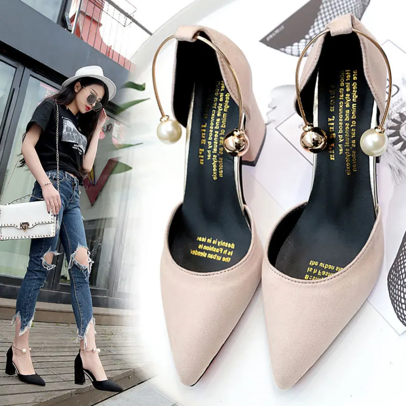 

Korean Version Of The 2021 New Shallow Mouth High Heels Fashion Wild Hollow Pearl Set Foot High Heels Women's Shoes.