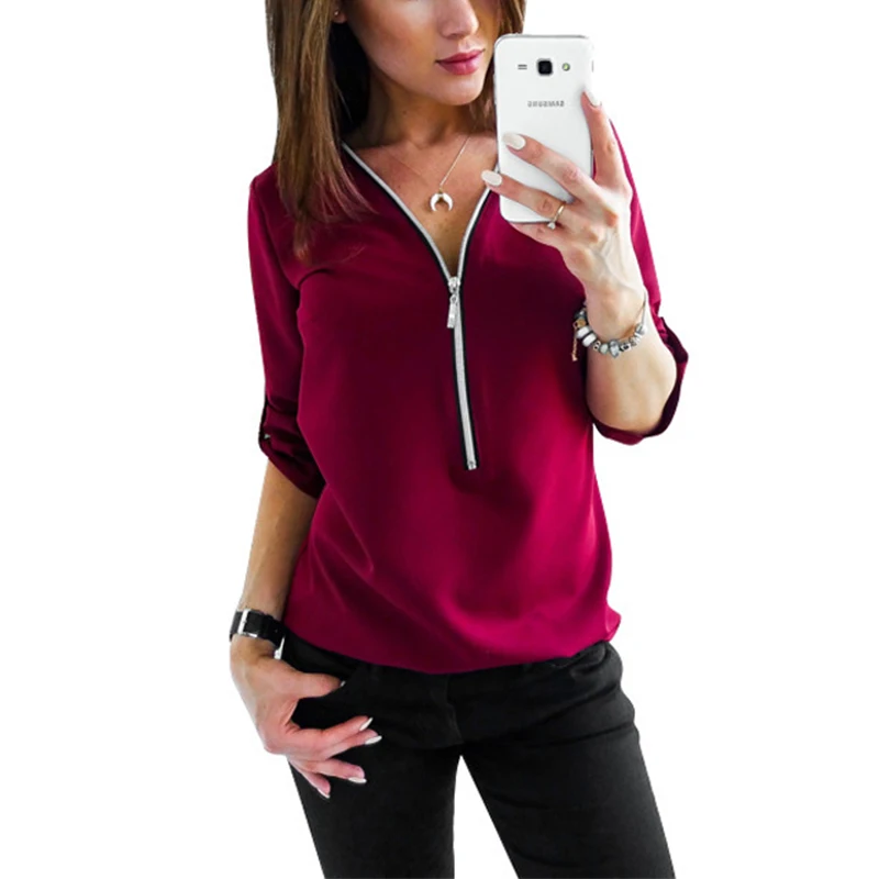 Blusas Mujer De Moda 2019 Блуза женская одежда повседневная с длинным рукавом на молнии