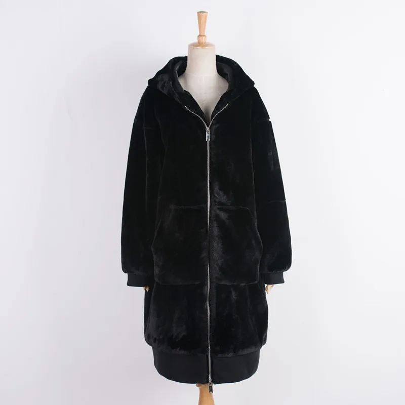 Женское пальто с капюшоном оверсайз из искусственного меха 2018 зимняя брендовая