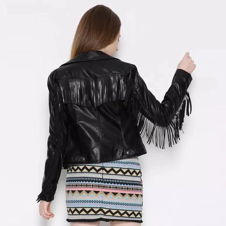 Однотонные черные повседневные пальто и куртки с кисточками длинным рукавом