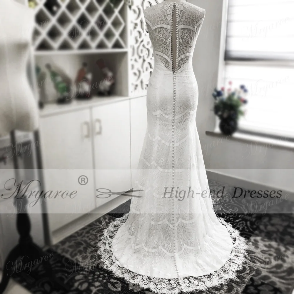Mryarce,, vestido de noiva, потрясающее кружевное свадебное платье русалки, v-образный вырез, без рукавов, пуговицы на спине, шикарные свадебные платья