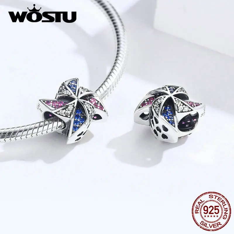 WOSTU мульти-цветная мельница шарика 925 пробы серебро циркон браслеты с подвесками, подходят к оригинальному браслету кулон Для женщин Радужный бижутерия CQC1265