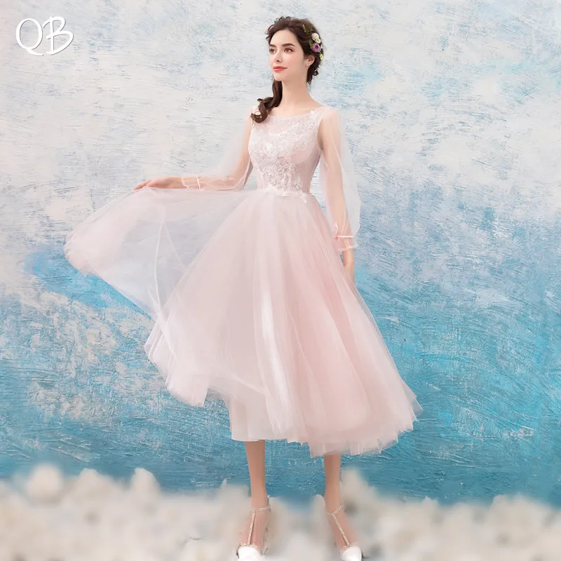 

Pink Evening Dresses A-line 3 4 Sleeves Lace Beading Prom Party Dress Evening Gown Vestido De Festa SD01
