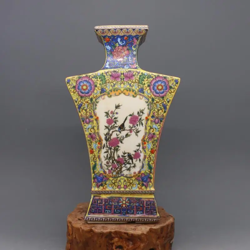 

7 антикварная фарфоровая ваза QingDynasty, эмалевые цветы и птицы, плоская бутылка, ручная роспись, коллекция и украшение, бесплатная доставка