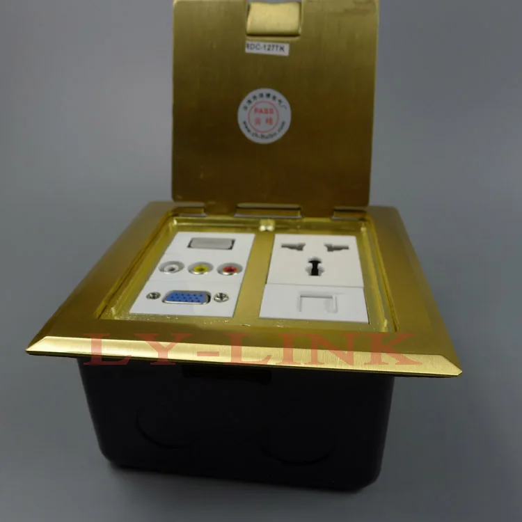 Напольная розетка желтого медного цвета с разъемом питания vga 3RCA AV HDMI и