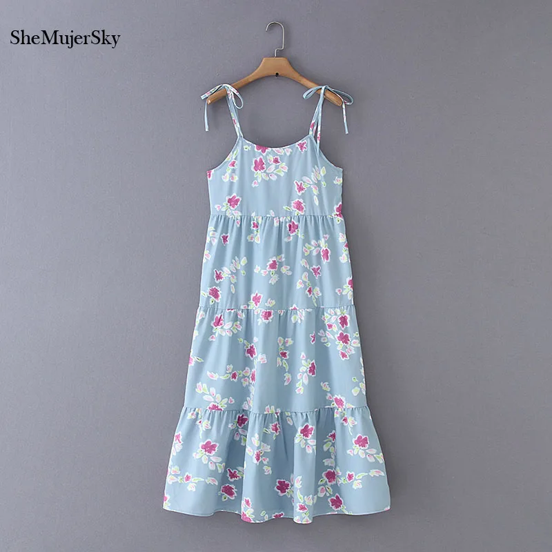 

SheMujerSky Blue Casual Midi Dress Women Summer Beach Ladies Spaghetti Strap Ladies Dresses
