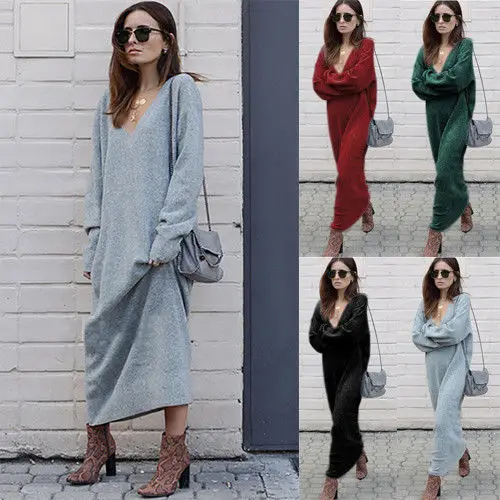 

Misshow 2019 Autumn Winter Knitted Women Pencil Dress Sexy Deep V Neck Long Sleeve Warm Sweater Dress Fashion Casual Vestidos