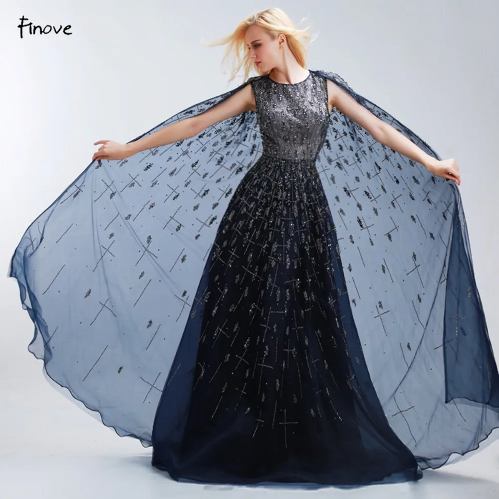 Длинное вечернее платье Finove темно-синее А-силуэта с круглым вырезом без рукавов |