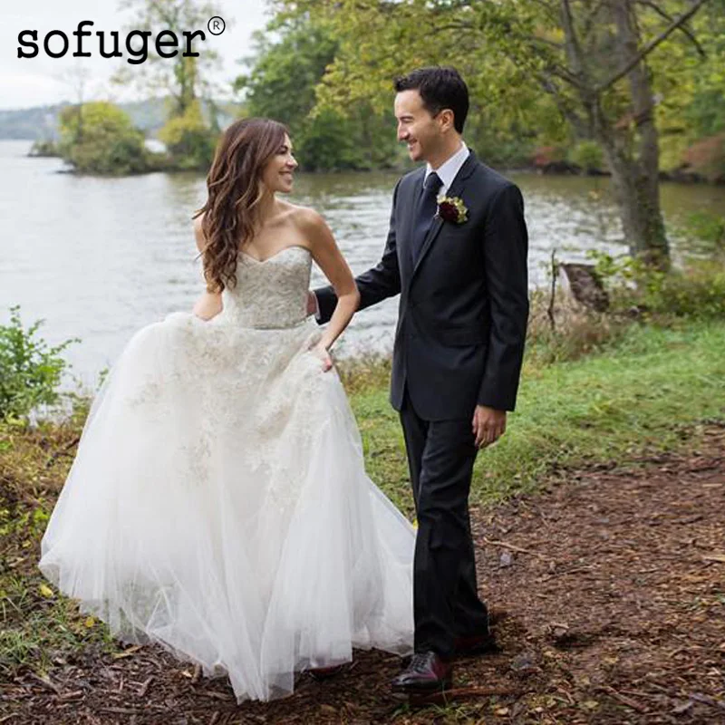 

Strapless Sweetheart Tulle Dress Lace Beadings Appliques Sleeveless Vestidos De Noivas Wedding Bridal Dress