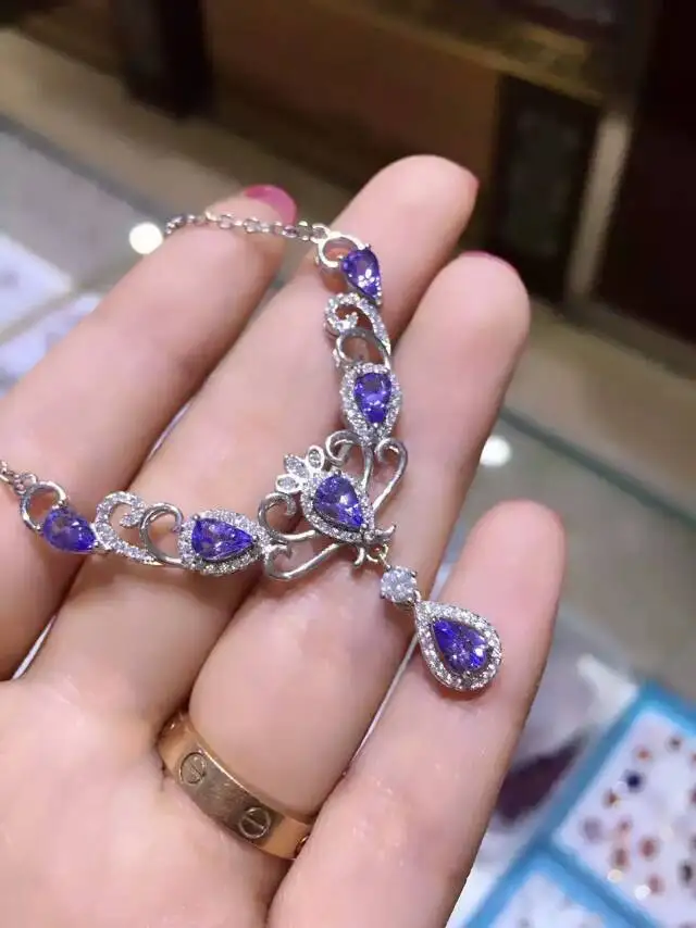 Настоящее 4*6 мм подвеска из танзанита ожерелья s925 стерлингового серебра корона