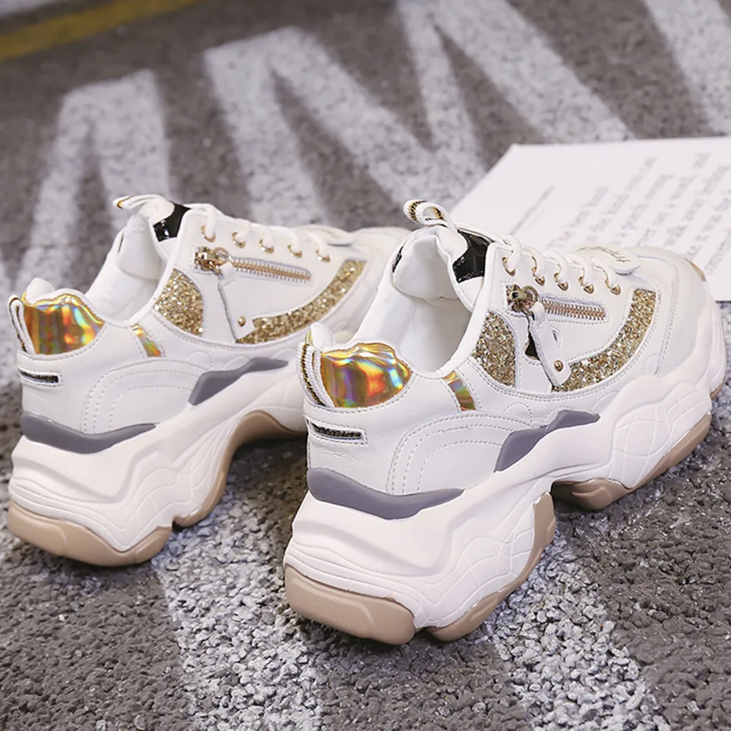 Осень 2019 женские блестящие кроссовки на массивной платформе повседневная обувь