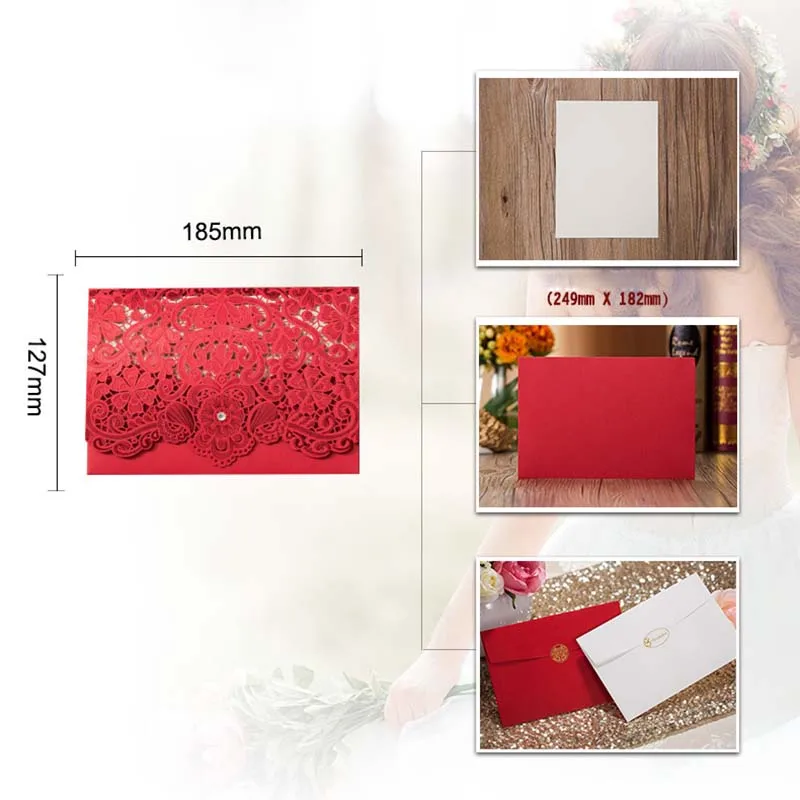 One Set Red Золотой, синий, белый лазерный разрез, свадебные приглашения, карты, элегантные кружевные конверты с принтом, украшения для свадебной вечеринки, печать - Цвет: One Set Red