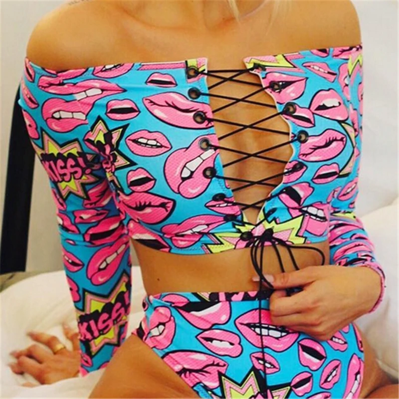 

Women Swimsuit Cartoon Print Off Shoulder Bikini Fishnet Pants Swimming Suit Bikini Set Push Up Padded Swimsuit Beach Swimwear