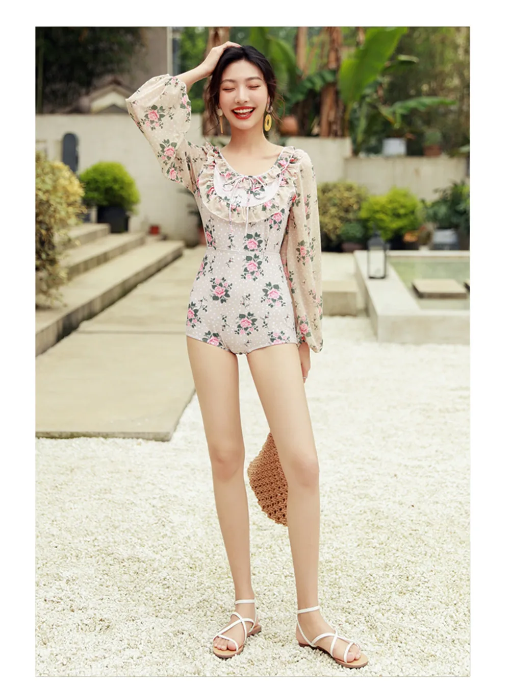 Long Sleeve One Piece Swimsuit Women Floral Swimwear Chiffon Monokini Push Up Swim Suit Ruffle Trikini Pad Bath Suit Backless