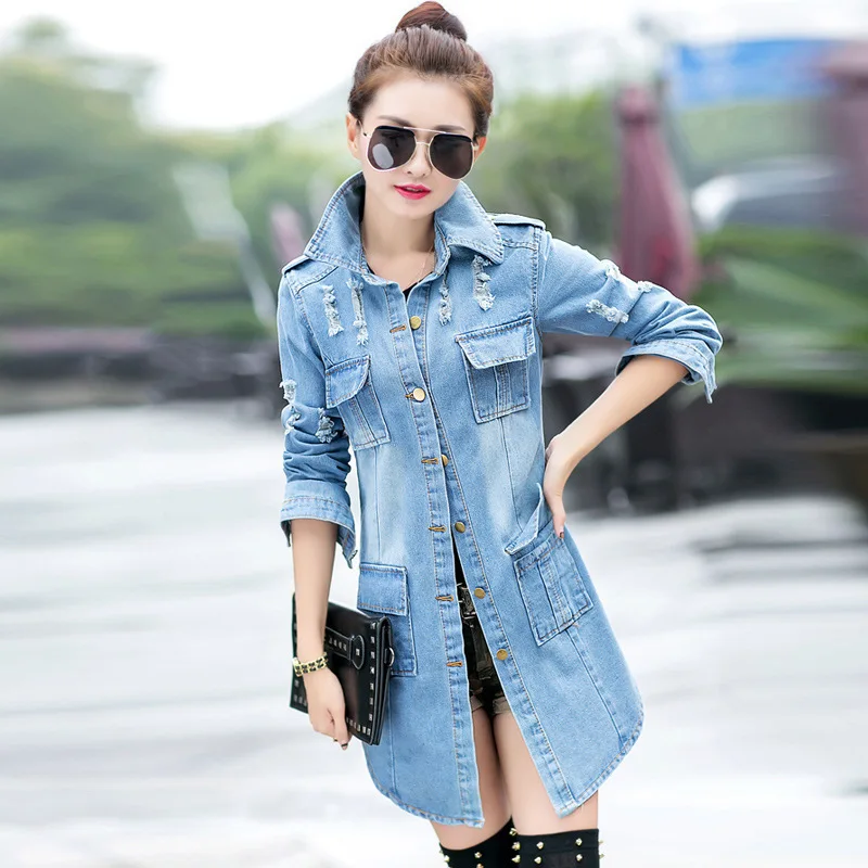 

#3302 2021 Spring Ripped Jeans Jacket Women Slim Long Windbreaker Coat Denim Jacket With Holes Harajuku Vintage Outerwear S-3XL