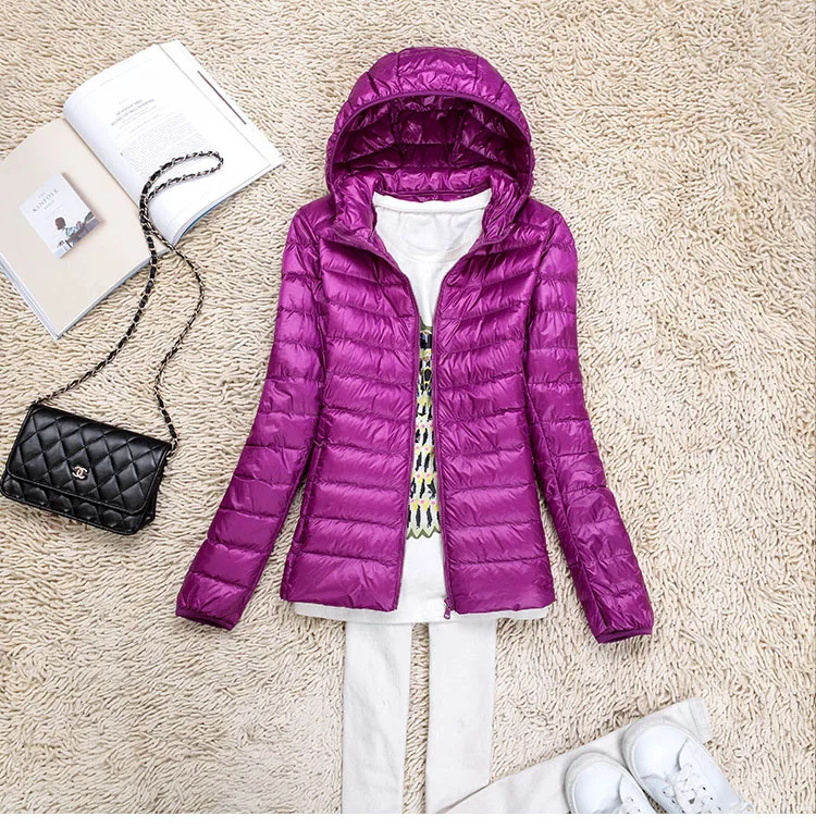 Hooded ultra thin lightweight white duck down jackets women down coats plus size