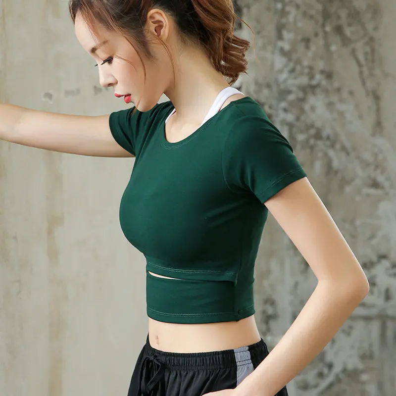 

2019 Women Solid Yoga Top Short Sleeve Workout T-shirt Gym Sexy Crop Tops Elastic Tight Fitness Running Sport Quick Dry T-Shirt