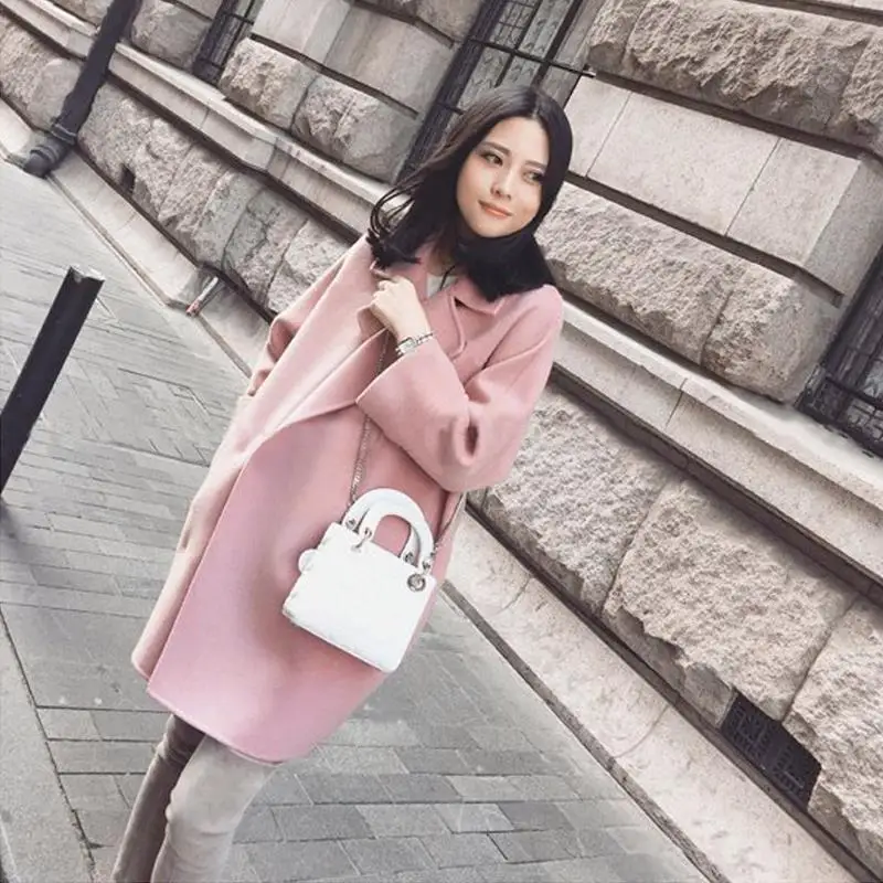 Pink Новое осенне-зимнее женское пальто Vestidos размера плюс, одноцветное свободное большое шерстяное пальто с отложным воротником для женщин, большая верхняя одежда - Цвет: Pink
