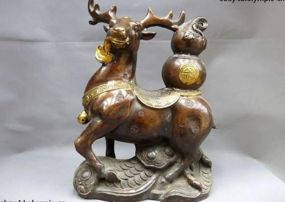 

13" China bronze copper gild Feng Shui longevity deer blessing calabash Statue