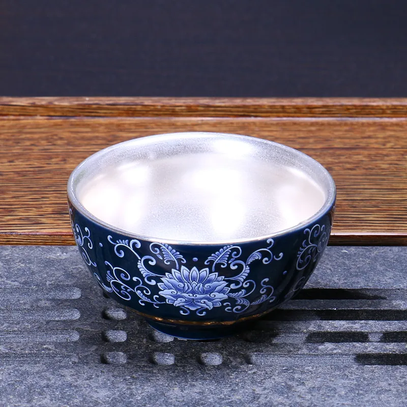 Silver Tea Cup 999 Sterling Silver Kung Fu Tea Set Tea Cup Ceramic Silver Master Cup Single Cup Jingdezhen Tea