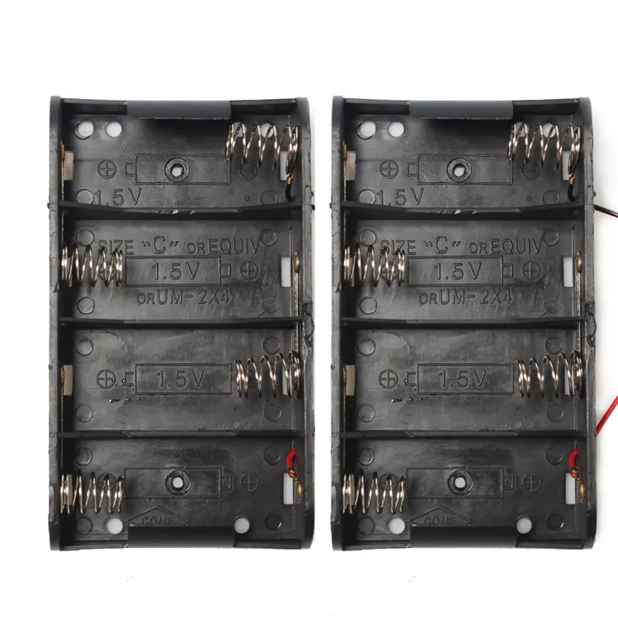 

100PCS/lot NO2 4Slots C size Plastic 6V Battery Box With Red&black Lines Clip Box Wire Lead