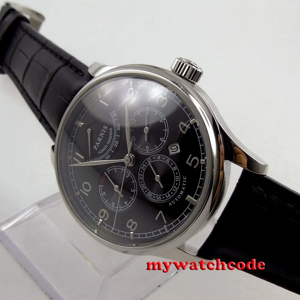 Мужские часы parnis автоматические с черным циферблатом и сапфировым стеклом 26