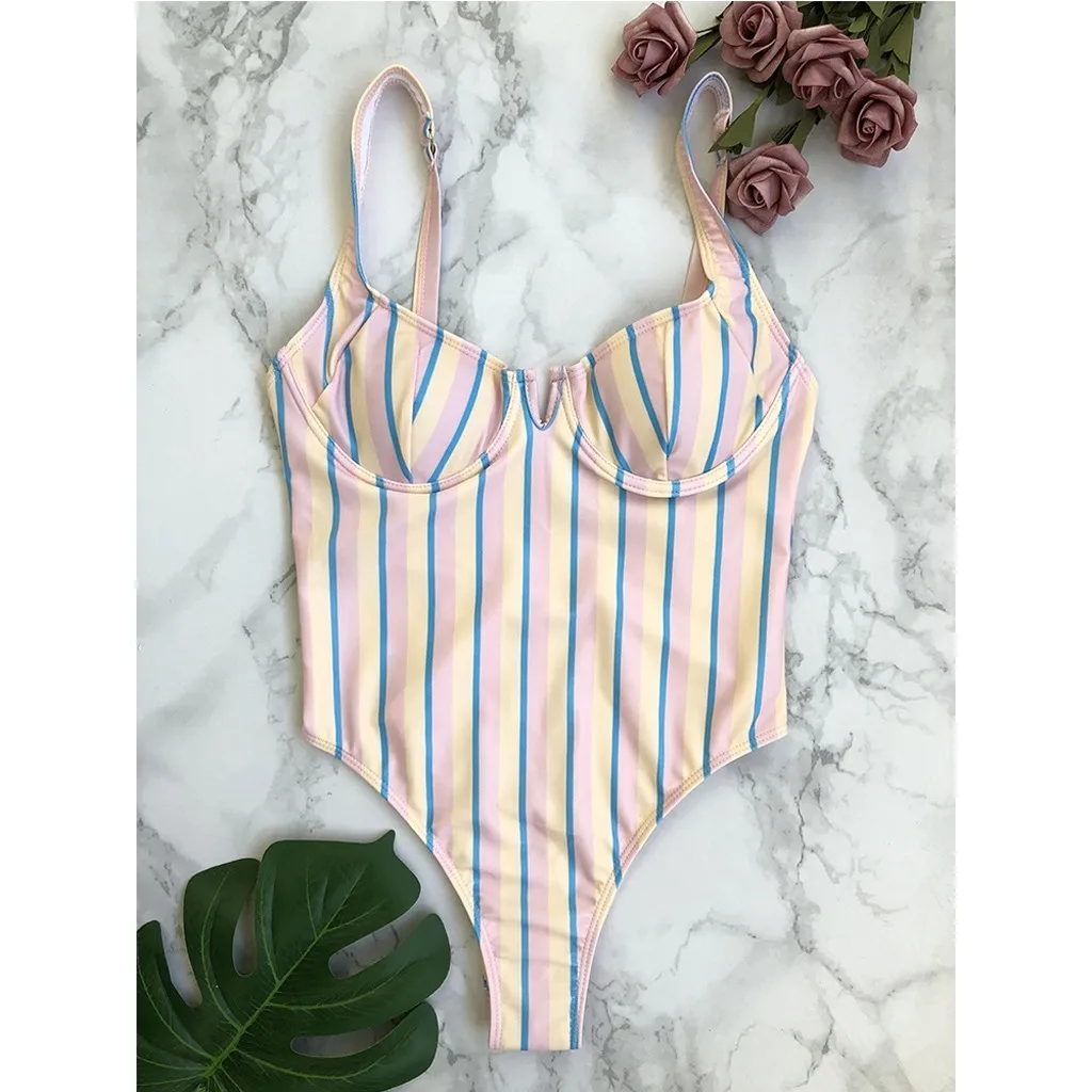 Полосатый женский сексуальный купальник бикини монокини купальный костюм