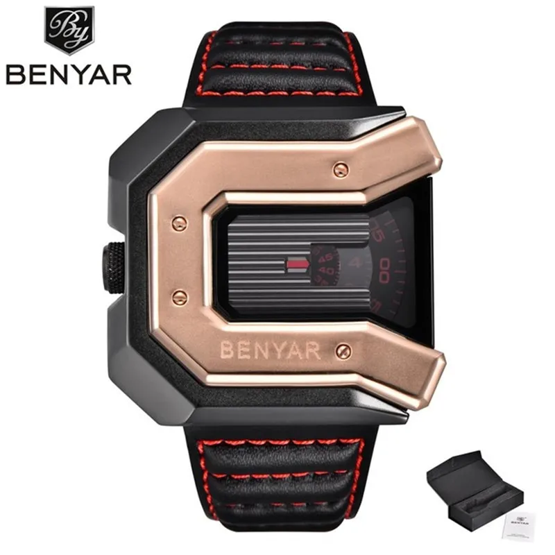Gold-Red BENYAR Роскошные Брендовые мужские часы военные кварцевые наручные часы мужские деловые кожаные часы водонепроницаемые мужские часы Relogio Masculino - Цвет: Gold-Red