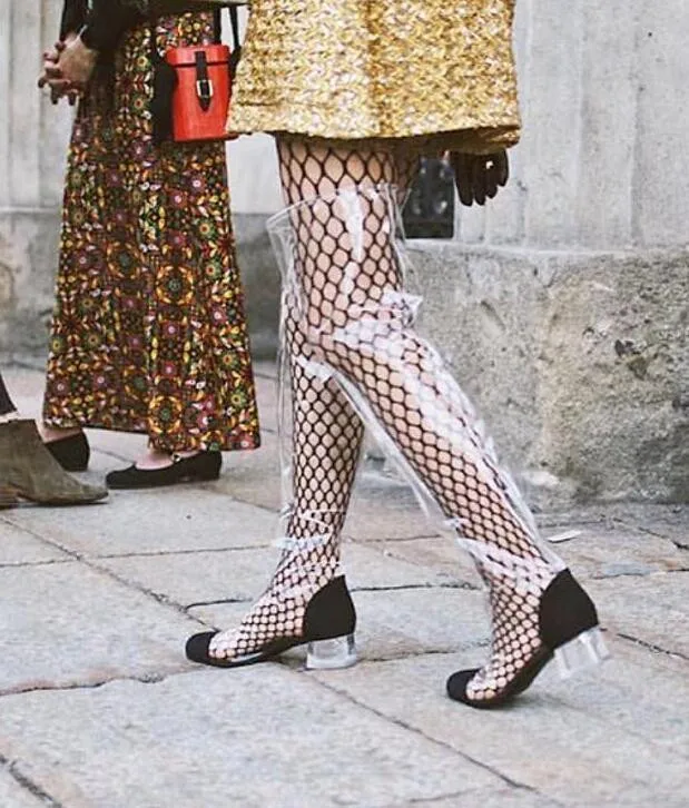 Очень популярные прозрачные женские сапоги с квадратным носком из ПВХ ботфорты