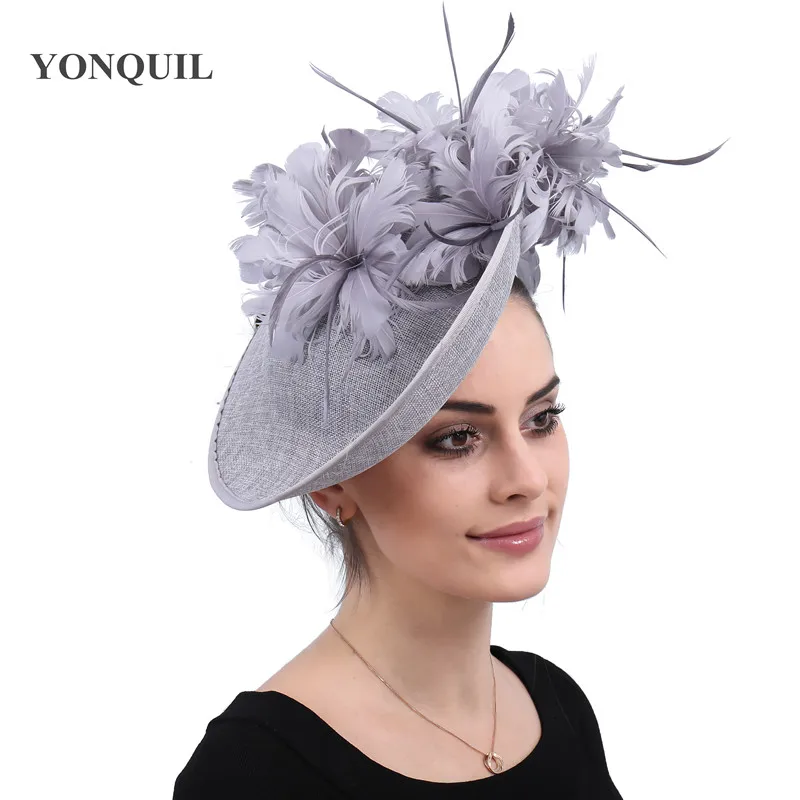 

Grey Millinery Caps With Headbands Accessories Imitation Sinamay Derby Cocktail Hat Women Bridal Hair Fascinators Feather Fancy