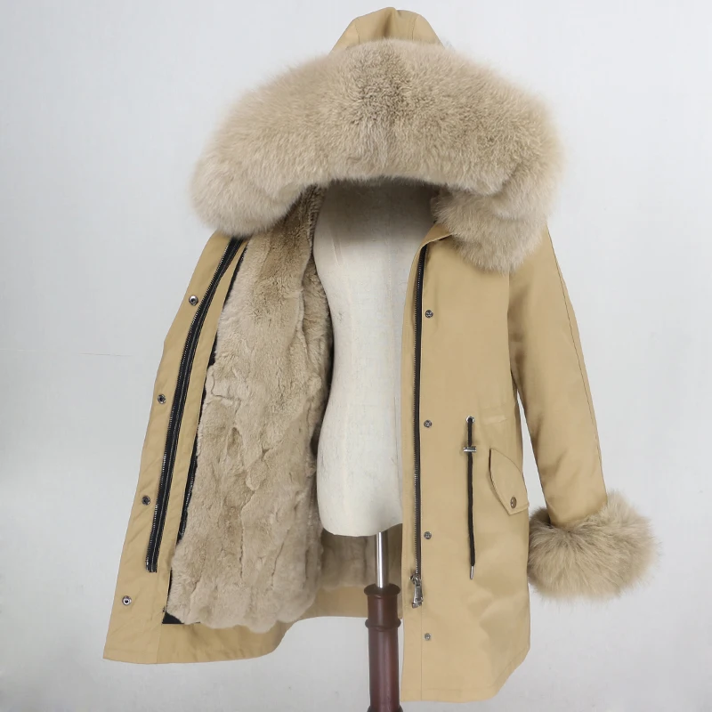 brown beige OFTBUY Long Waterproof Parka Real Fur Coat Natural Fur Collar Hood Winter Jacket Women Rabbit Fur Liner Thick Warm Detachable - Цвет: brown beige