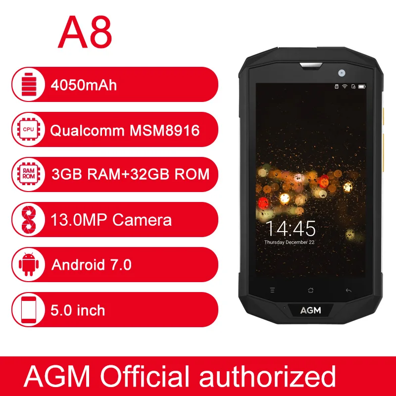 AGM A8 Мобильный телефон с 5 дюймовым дисплеем четырёхъядерным процессором Qualcomm