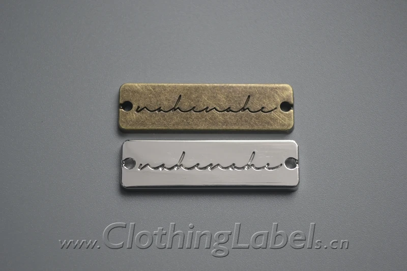 

POLISHED BRASS LABEL / Nickel metal label + holes for sewing